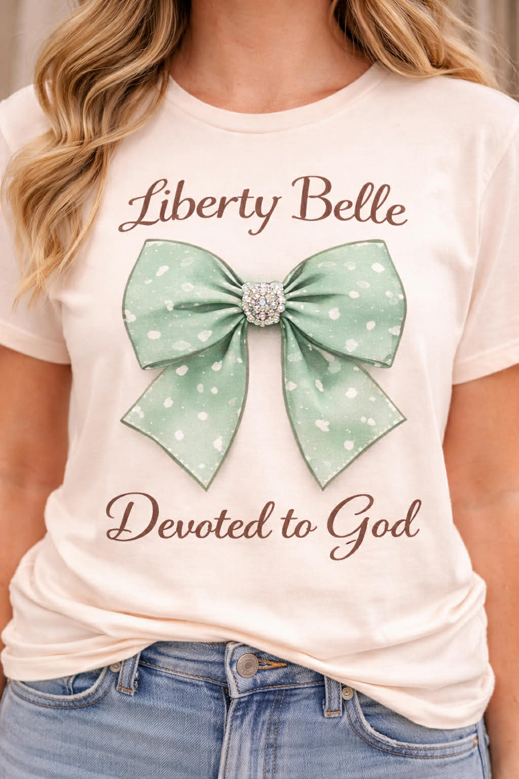 White t-shirt with a green bow graphic and text 'Liberty Belle Devoted to God' 