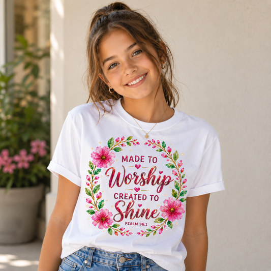 Made to Worship Created to Shine Girls tee